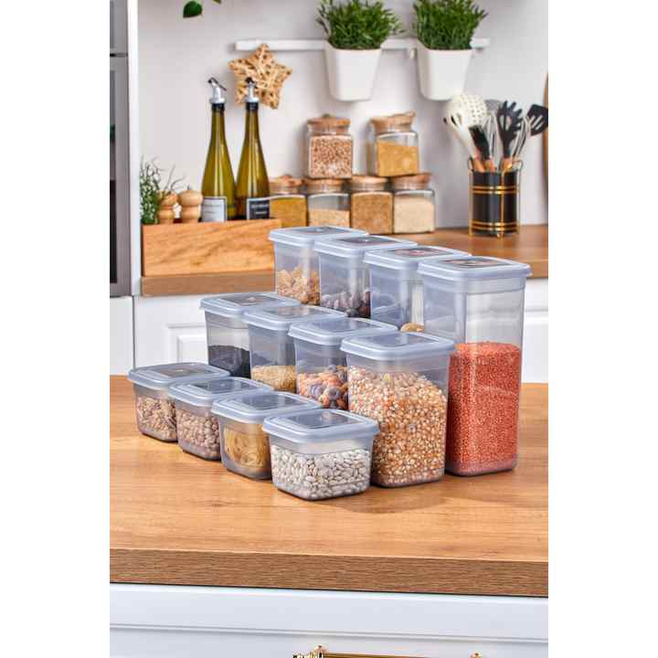 Set of 12 Leakproof Square Storage Containers with Lids Gray 4X ( 0.6L - 1.25L - 1.9L )