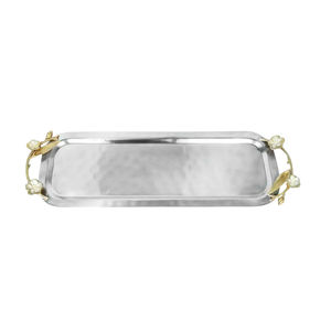 Elegante Plato de Servir Rectangular de Metal, Acabado Blanco, Asas con Diseño de Flores Doradas, para Servir Alimentos, Bodas, Hogar, Hotel - Product Image 3