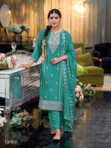 Traje Salwar de diseñador listo para usar, hecho de tela Chinon pesada con codificación de secuencia bordada, Zarkhan Work Perfect Party Wear - Product Image 2