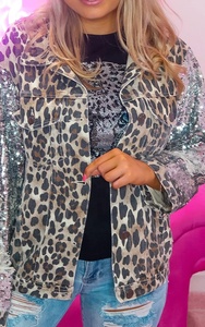 Veste en jean pour <span class=keywords><strong>femme</strong></span>, vêtement de soirée, Style poches à rabat, Patchwork, manches à paillettes, imprimé léopard - Product Image 6