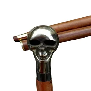 Antico manico da 36 pollici con testa di teschio umano realizzato in ottone massiccio bastone da passeggio con asta in legno naturale bastone da passeggio.