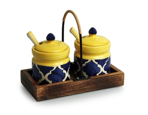 Moroccan Hand-Painted Ceramic Pickle & Chutney Jar Set With Spoons & Wooden <b>Holder</b> Non Air-Tight Set Of 2 Ceramic Condiment <b>Pot</b> - Product Image 3