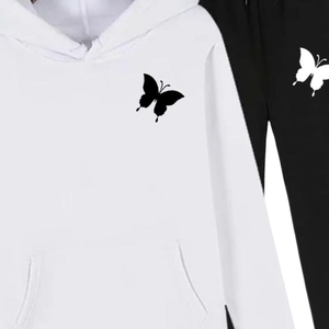 Ensemble de survêtement à capuche imprimé papillon pour femmes et filles, jogging en molleton noir et blanc, tenue de sport décontractée streetwear, tenue d'hiver chaude - Product Image 4