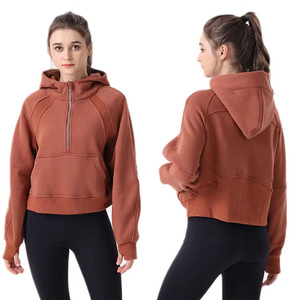Winter Solid Plain Dyed Half Zipper <b>Thick</b> <b>Fleece</b> Hooded Sweatshirt for Outdoor Sports Yoga Fitness - Product Image 3
