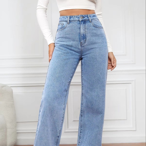 New Hot Selling das Mulheres <span class=keywords><strong>Jeans</strong></span> Versátil Multi Bolso Straight Fit Flare Calças de Cintura Alta Solta Casual Denim Calças Perna Larga - Product Image 1