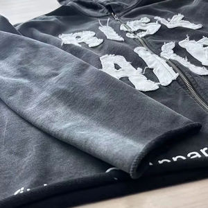 Venta al por mayor personalizado desgastado bordado sudaderas con capucha hombres Raw Hem apliques desgastado parche bordado sudaderas con capucha de los hombres - Product Image 5