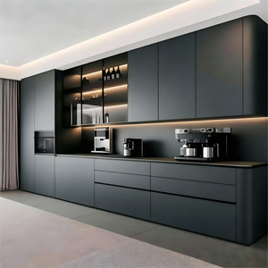 Set Moderno Nero Compatto per Appartamenti: <span class=keywords><strong>Suite</strong></span> di Mobili da Cucina Salvaspazio con Bar per Colazione - Product Image 1