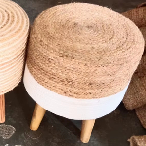 Ensemble de 2 poufs ottomanes ronds en bois et coton jute tressé, design moderne, multifonctionnels et mobiles, pour les occasions de mariage - Product Image 1