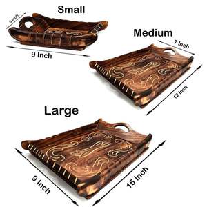 Ensemble de plateaux de service rectangulaires en bois légers au design moderne, poignées brunes sculptées à la main, 3 pièces, motif floral, option de suspension - Product Image 3