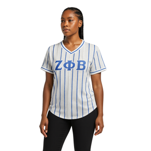 Zeta Phi Beta Grey Pinstripe Pullover Baseball Jersey 100% Polyester Mesh Sorority Apparel V Neck T Shirt Embroidered <b>Applique</b> - Product Image 1