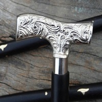 Bâton de marche en bois noir victorien avec poignée de tête en argent Vintage