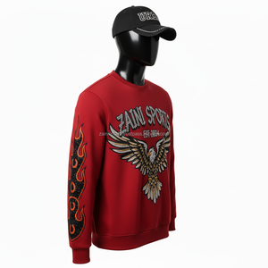 Sudadera de Hombre de 330 g/m², Color Rojo con Manga con Diseño de Llama, Águila Bordada con Pedrería, Logotipo Personalizado, Estilo Urbano, Básica - Product Image 4