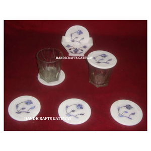 New Design Indian Handmade Pure White Marble With Blue Mother of Pearl Inlay Kitchen Coaster Set For Hotel And Home Decoration - Product Image 1