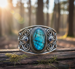 Rudra Gems Handcrafted Natural <b>Labradorite</b> Cabochon High Quality Tibetan Silver Beaded <b>Bracelets</b> 14K Gold Plated Men's Bohemian - Product Image 5