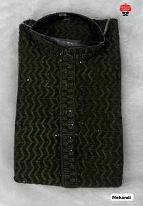 Festival tradicional para hombres Rayon Chikan Work Kurta con estampado dibujado a mano Conjunto de pijama de algodón por exportación en India para adultos - Product Image 2