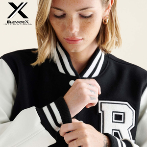 ELEVATEX Women's Varsity Jacket Black White Letter R Front Full Sleeve Turn-down Collar Polyester Cotton Autumn Wear - Product Image 3