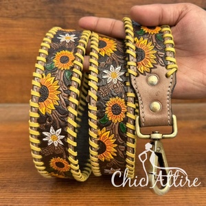 High Quality Personalized Sunflower Hand Tooled Leather <b>Camera</b> Guitar <b>Strap</b> Western Replacement Purse <b>Strap</b> Antique Brass Snaps - Product Image 1