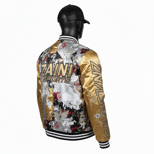 Veste en satin de haute qualité, style mode, blocs de couleur or, argent, noir, logo brodé personnalisé, style streetwear, veste en satin pour hommes - Product Image 3