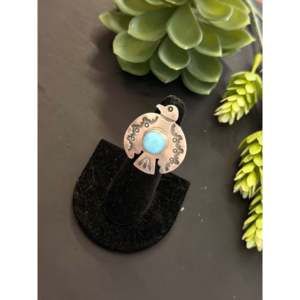 Randy Boyd's Golden Hills <b>Statement</b> <b>Ring</b> Turquoise Sterling <b>Silver</b> Thunderbird Oval Cut Bezel Setting Size 6 Everyday Wear - Product Image 4