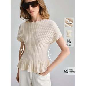 เสื้อสเวตเตอร์ถักแขนสั้นลายทางแต่งระบายสำหรับผู้หญิง - Product Image 2