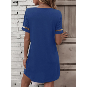 Vestido de Crepé de Manga Corta con Escote Corazón y Detalle de Tul en el Busto para Mujer, 38179 - Azul - Product Image 3