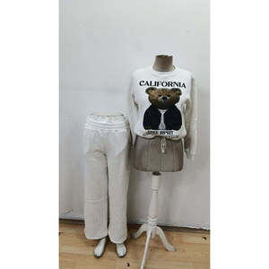 Ensemble deux pièces pour femme, chemisier à manches longues à col rond et pantalon à motifs, tissu brossé à deux fils, 29713 - Blanc - Product Image 4