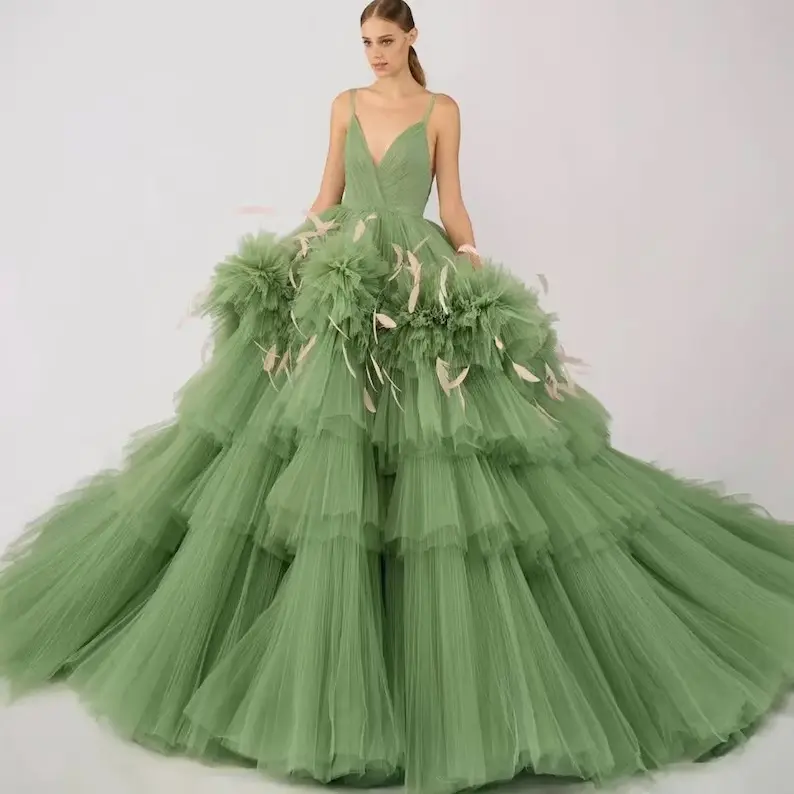 Grass Green Puffy Tulle Prom Vestidos Ruffles Tiered Tulle Ball Vestidos Pluma Long Women Maxi Dress