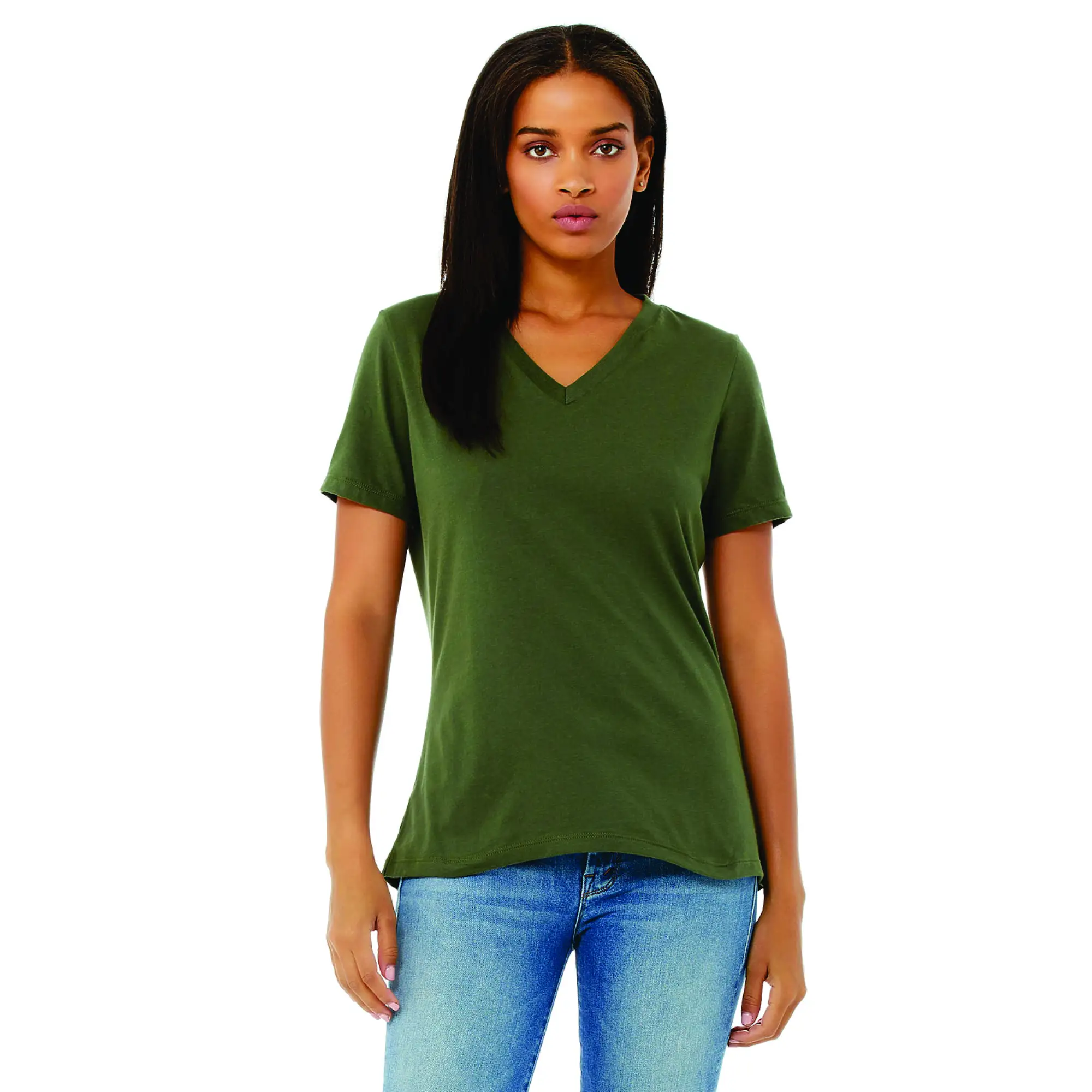 100% Airlume Combed and Ring Spun Cotton 32 Single 4.2 oz Military Green Womens Relaxed Jersey Short Sleeve V-Neck T-Shirt