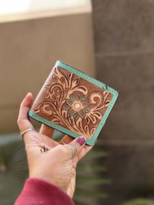 Western Pattern Hand Tooled Leather Men's Wallet Long Zipper Hot Sale Fashion Stylish Turquoise <b>Colour</b> Cash Holder Gift for Him - Product Image 5