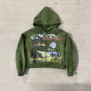 Sweat à capuche surdimensionné vert personnalisé OEM, imprimé intégral, effet vieilli, avec strass et sérigraphie, 100 % coton, hiver - Product Image 1