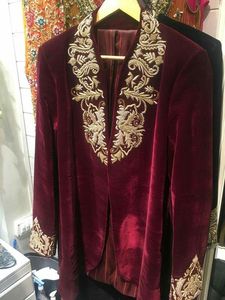 MAROON--JACKET WITH PANT ON VELVET FABRIC WITH EMBELLISH OF BEAUTIFUL CRYSTAL BEADS,PEARLS,GLASS STONE WORK FOR PARTY-WEAR@2022 - Product Image 2