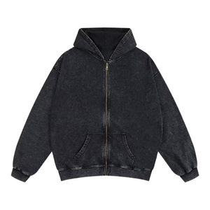 Sweat à capuche zippé surdimensionné Vintage en coton lourd lavé Streetwear coupe ample fermeture éclair complète sweat à capuche pour hommes ventes - Product Image 1