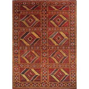 Alfombra Kiaan de Lana Anudada a Mano de Gran Tamaño, Paem-64, Rojo Naranja, Geométrica Abstracta, Rectangular, para Pasillo, Entrada, Sala de Estar - Product Image 1