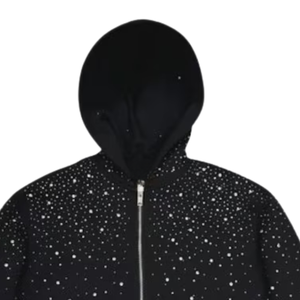 Sweat à capuche unisexe noir avec fermeture éclair, style streetwear oversize, design scintillant en cristal, luxe, coton lourd, veste de mode d'automne - Product Image 5