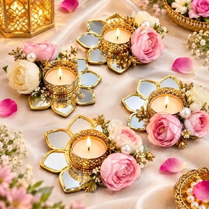 Porte-bougie miroir pour mariage Diwali, porte-bougie à fleurs avec gypsophile, cadeaux de fête, décoration festive pour la maison, porte-bougie votif - Product Image 1