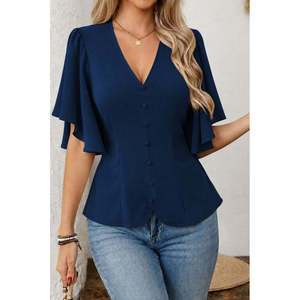 Blusa de Crepé Importada para Mujer, Manga Corta, Abotonada al Frente, 35130 - Azul - Product Image 1