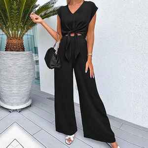 Elegante ropa de oficina para mujer Top Pantalones Traje Cuello en V Manga corta con nudo con cordones Color sólido Cintura alta Patrón de puntos - Product Image 4