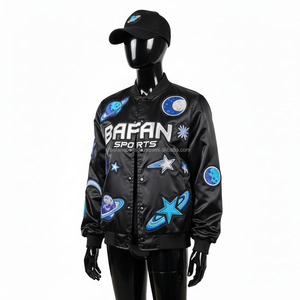 Veste bomber en satin de luxe pour femmes, thème spatial noir, broderie sur le panneau avant, panneaux avec logo personnalisé, veste en satin pour femmes - Product Image 4