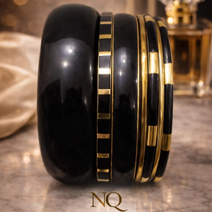 Elegant Designer <b>Bangle</b> <b>Set</b> – Black Resin Gold Plated Bracelets with Crystal Detail, Ladies Fashion Jewelry Bulk - Product Image 1