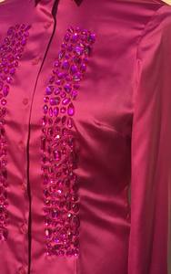 maroon Satin Button-Down <b>Blouse</b> with Crystal-Style Buttons - Product Image 4