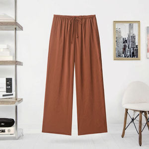 Pantalon long décontracté en tissu tissé à taille mi-haute avec cordon de serrage, respirant, pour l'été, couleur marron, pour femmes, OEM - Product Image 2