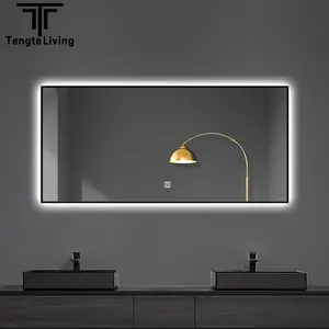 Espelho LED para banheiro com moldura em liga de alumínio, design moderno, fábrica, atacado, Bluetooth, tempo de desembaçamento, temperatura, outras funções