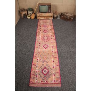 Alfombra Turca de 2.7x12 pies, Alfombra Pequeña Vintage, Alfombra Geométrica Naranja - Product Image 1