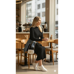 Robe longue à col roulé et manches longues pour femme avec fentes latérales, 38327 - Noir - Product Image 3