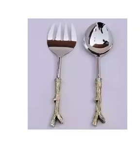 Ensemble de service à salade en métal Ustensiles de cuisine, cuillère de table et fourchette de service avec manche en résine noire - Product Image 2