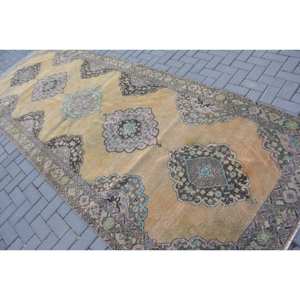 Vintage Turkish Rug Classic Yellow Black 4.7 X 12.8ft Handmade Wool Patchwork Design for Entryway Living Rectangular Shape Latex - Product Image 4