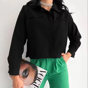 Women's Chic Cropped Cotton Blouse Vintage Long Sleeves <b>Button</b>-<b>Up</b> Simple Fashion Breathable <b>Black</b> Summer Casual Top Woven Weave - Product Image 1