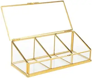 Золотая винтажная стеклянная коробка с крышкой, прозрачная стеклянная и латунная металлическая коробка для хранения ювелирных изделий и косметики, органайзер для макияжа с крышкой, демонстрация красоты