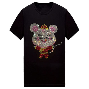 INDEX APPAREL เสื้อยืดลายการ์ตูนหนูประดับเพชรสำหรับผู้ชายสีดำแขนสั้นคอกลมเสื้อเจอร์ซีย์ลำลองทรงพอดีตัว - Product Image 3
