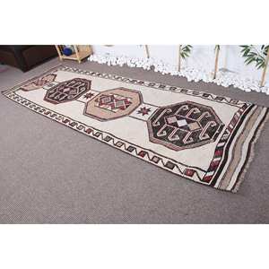 Alfombra de lana grande Vintage 3,1X9,8 pies Beige marrón Patchwork diseño rectangular 10mm de espesor respaldo de látex para la habitación de los adolescentes - Product Image 1